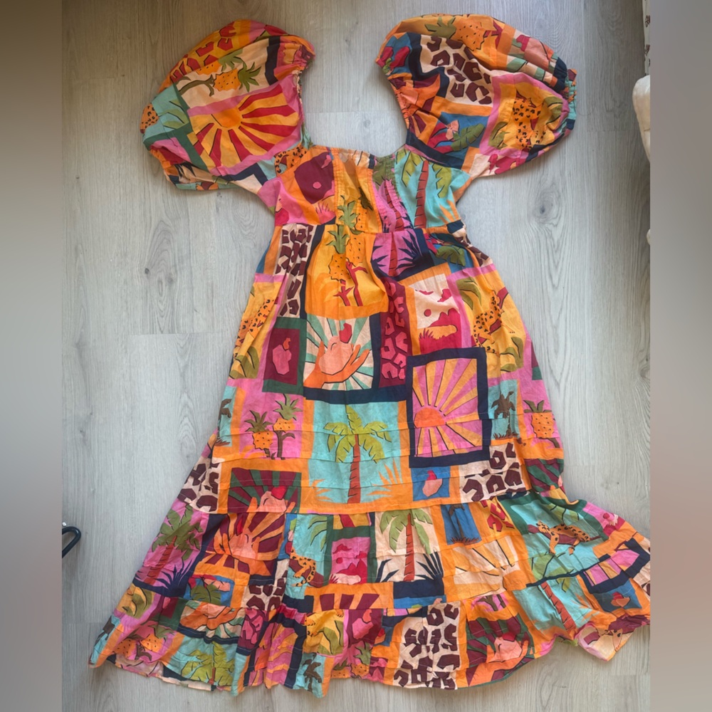 FARM Rio Tropical Collage Midi Square Neck Womens Dress Size L large Colorful - Picture 14 of 16